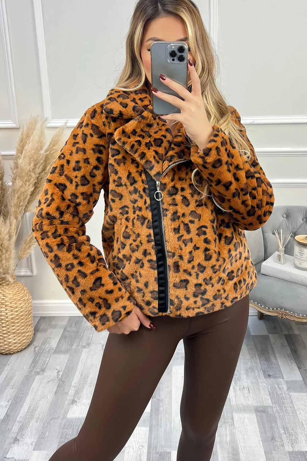 Aileen Brown Leopard Print Faux Fur Biker Jacket