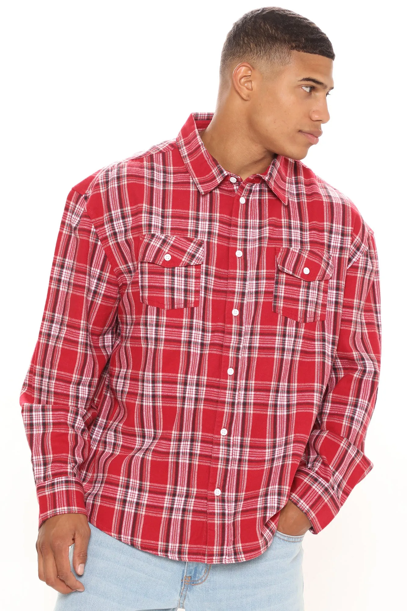 All Around Oversized Flannel Long Sleeve Woven Top - Red