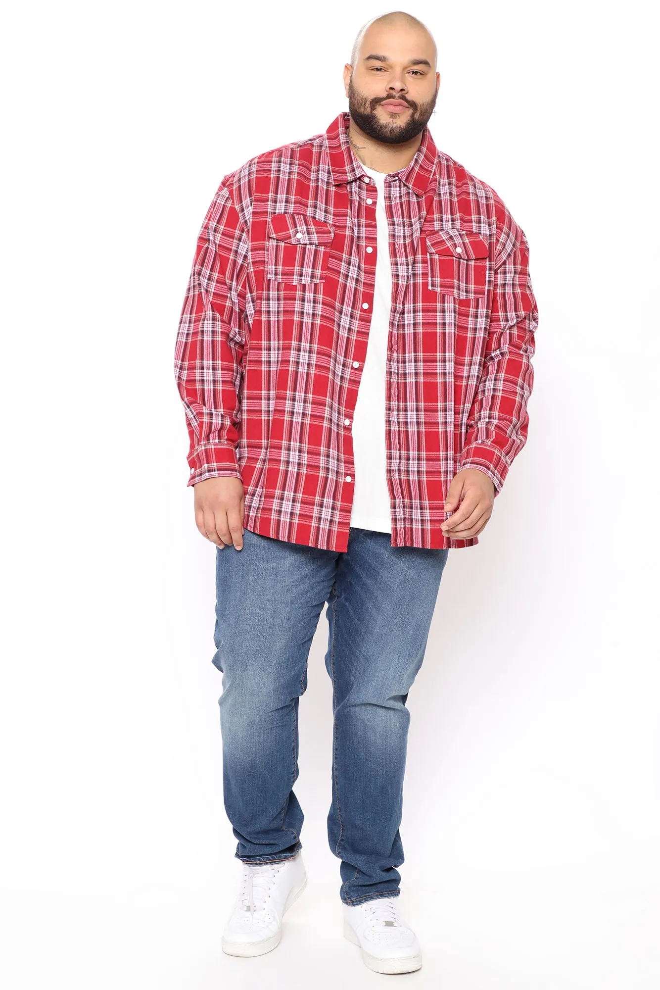 All Around Oversized Flannel Long Sleeve Woven Top - Red