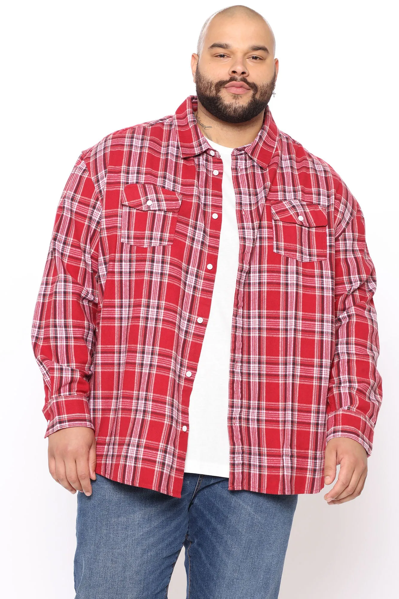 All Around Oversized Flannel Long Sleeve Woven Top - Red