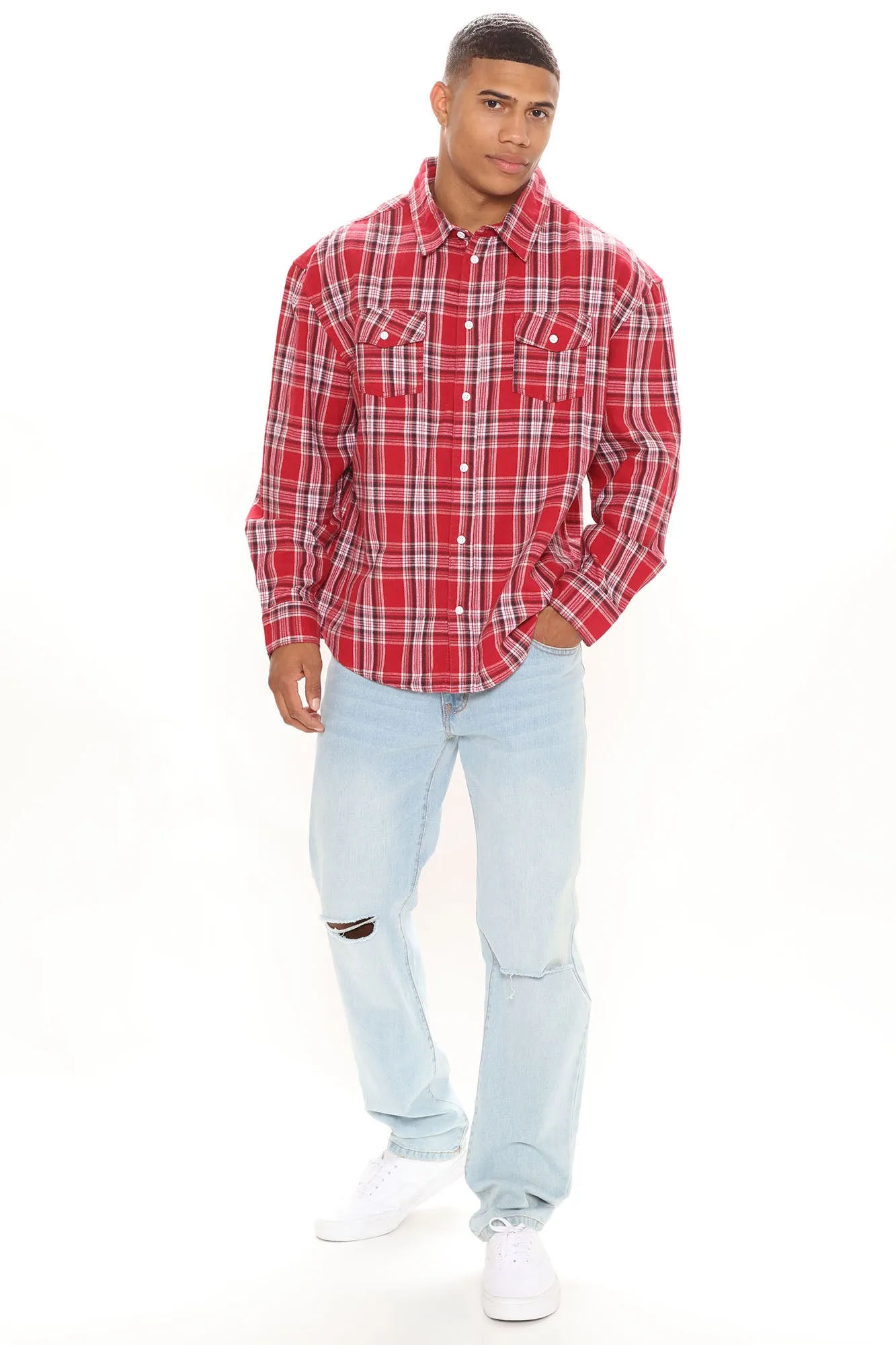 All Around Oversized Flannel Long Sleeve Woven Top - Red