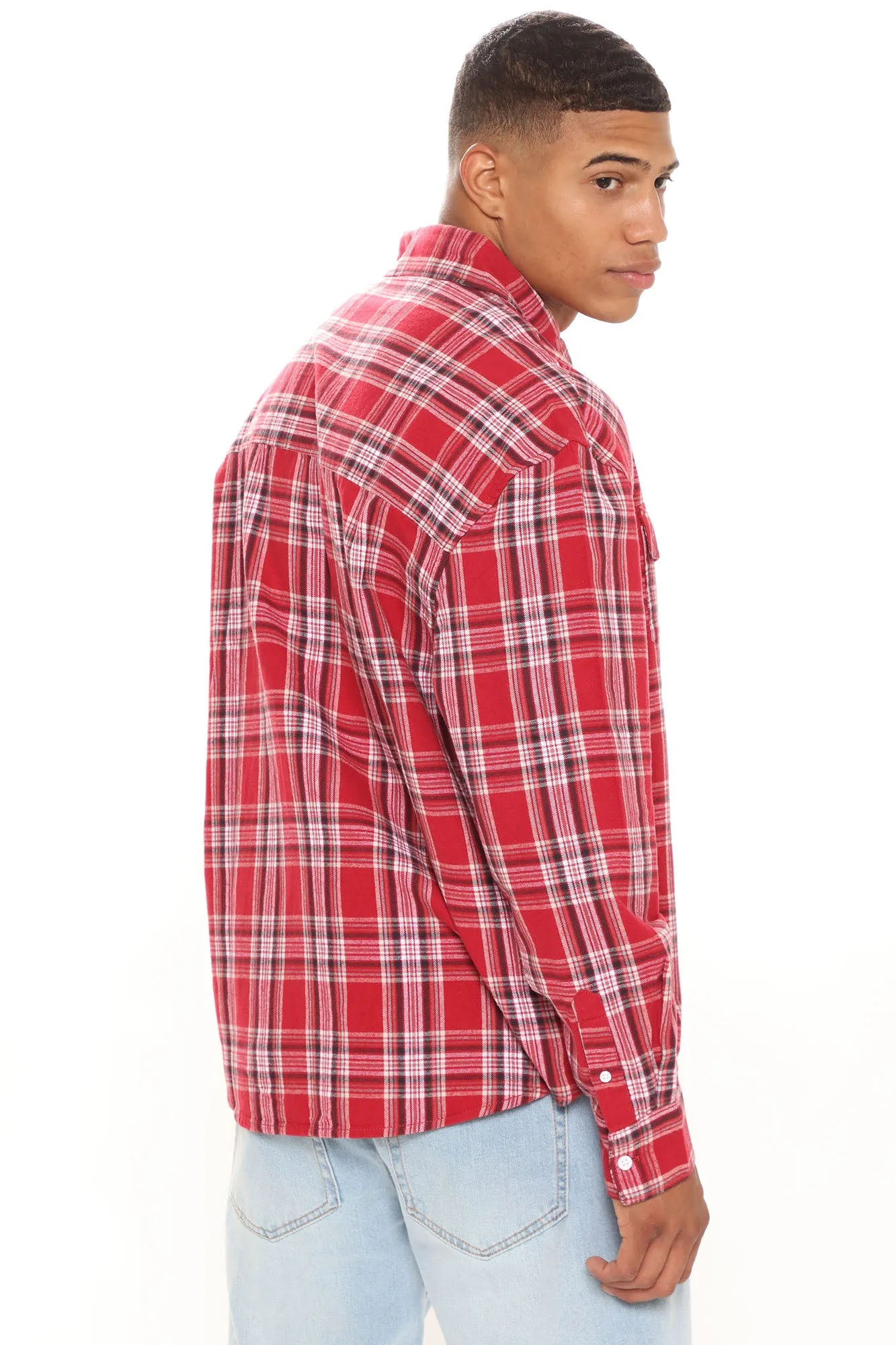 All Around Oversized Flannel Long Sleeve Woven Top - Red