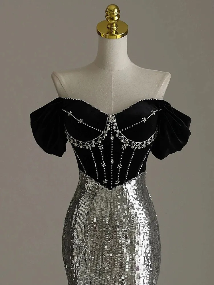 Black Off Shoulder Mermaid Sequins Long Prom Dress Birthday Gown MD7424