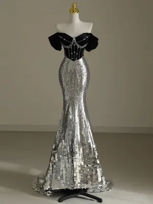 Black Off Shoulder Mermaid Sequins Long Prom Dress Birthday Gown MD7424