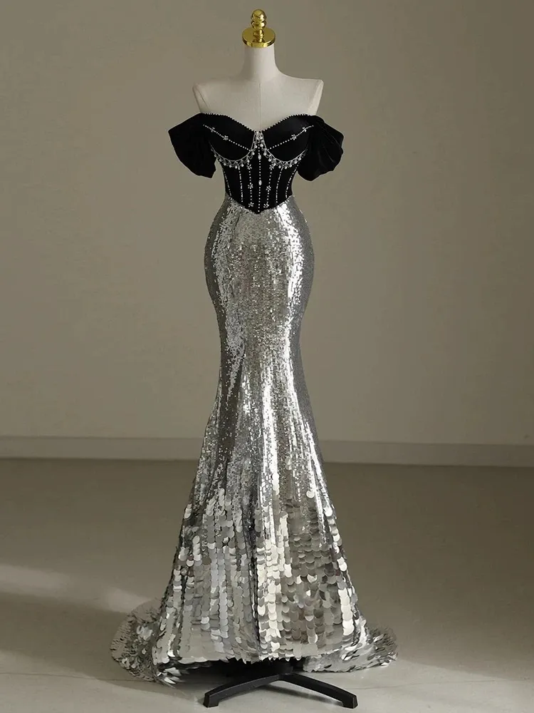 Black Off Shoulder Mermaid Sequins Long Prom Dress Birthday Gown MD7424
