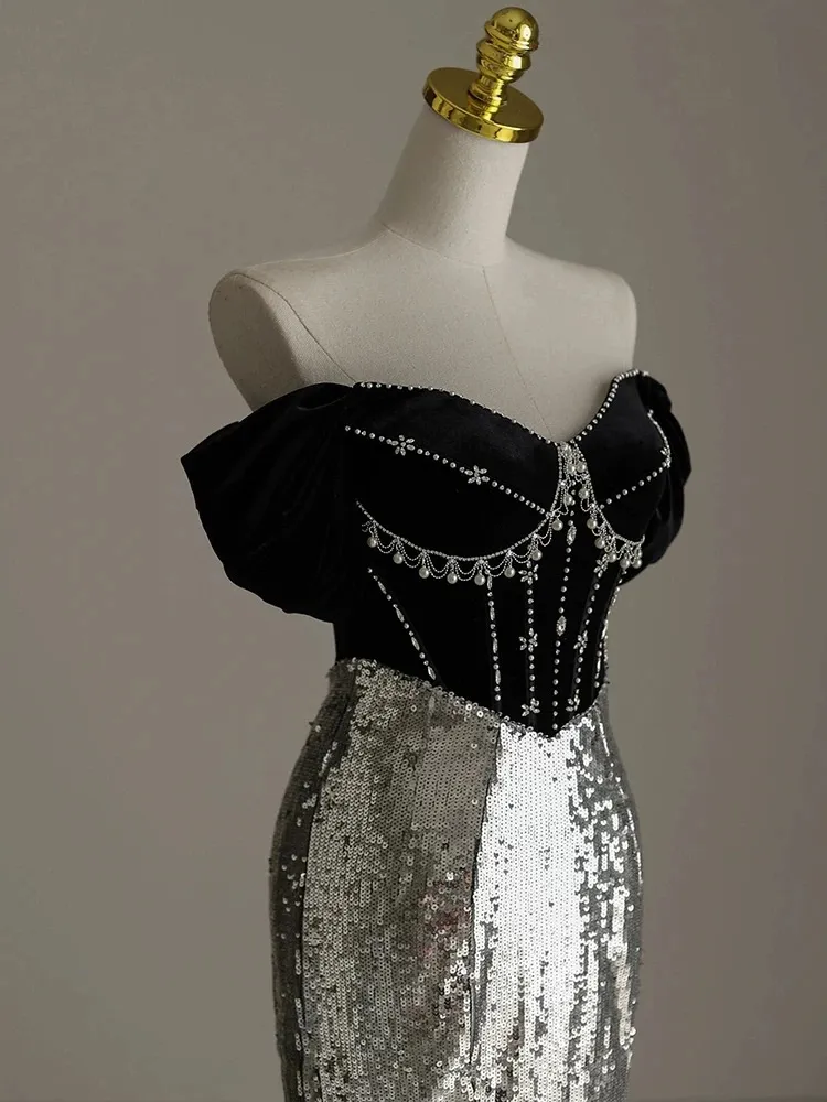 Black Off Shoulder Mermaid Sequins Long Prom Dress Birthday Gown MD7424