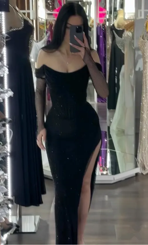 Black Off Shoulder Sheath Split Long Evening Party Dress, D192