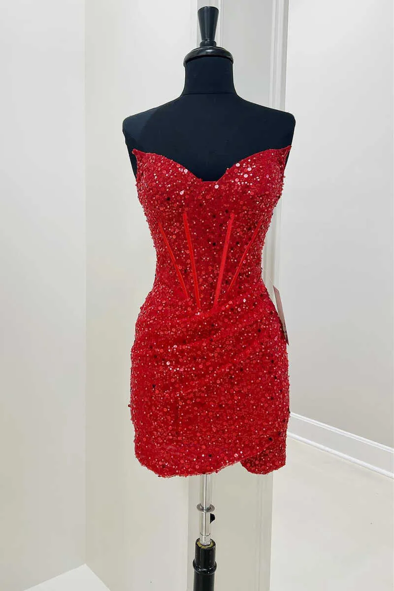 Black Sequin Strapless Tight Mini Homecoming Gown