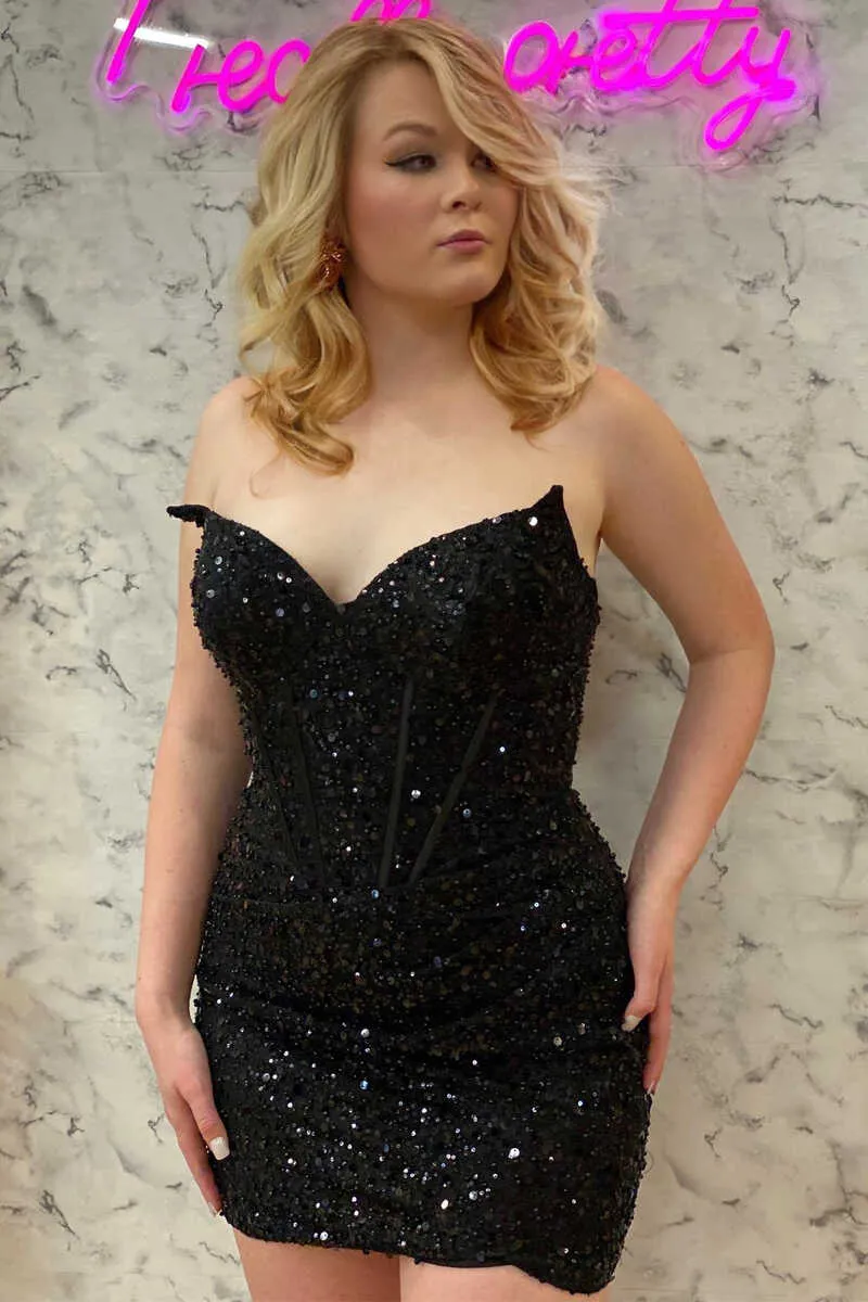 Black Sequin Strapless Tight Mini Homecoming Gown