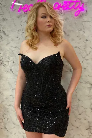 Black Sequin Strapless Tight Mini Homecoming Gown