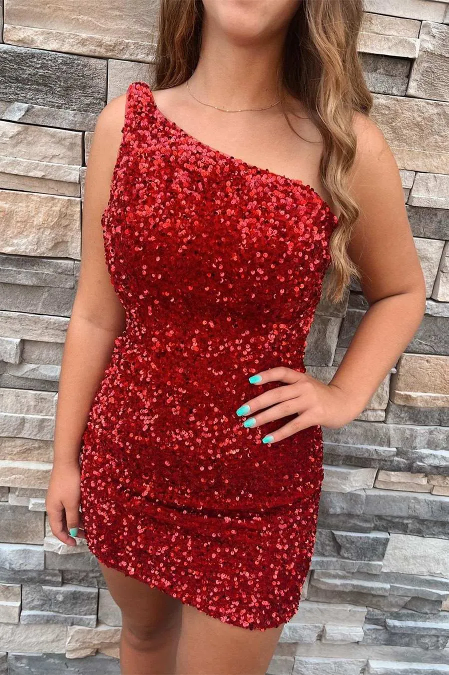 Black Sequins One-Shoulder Short Fitted Homecoming Dress