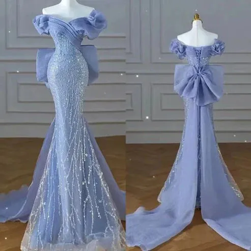 Blue Off Shoulder Mermaid Sequins Long Formal Evening Gown MD7826