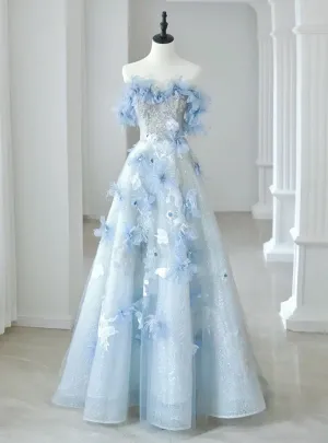 Blue Off Shoulder Sequins Floral Long Prom Dress Birthday Gown MD7778
