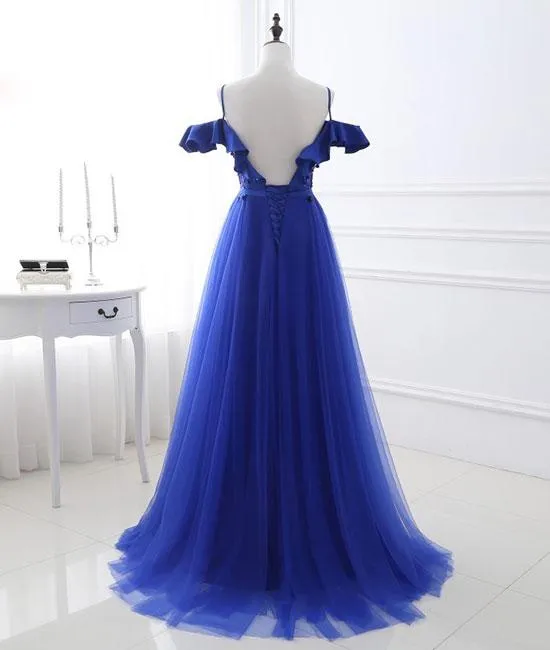 Blue tulle off shoulder long prom dress, blue evening dress M4783