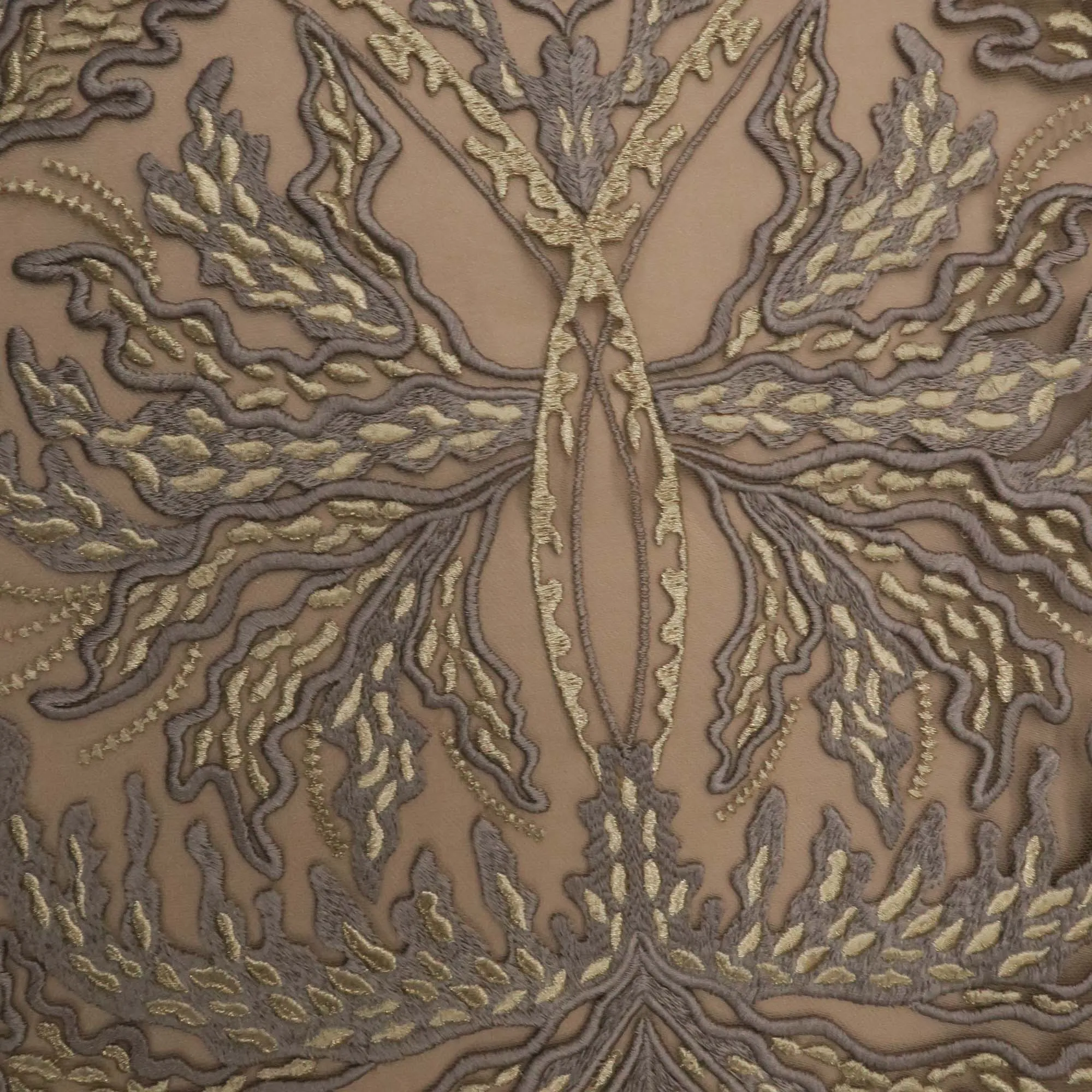 Brown Floral Designed on Nude Embroidered Tulle Fabric