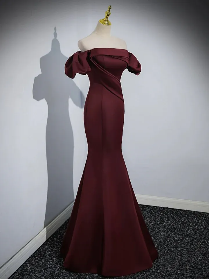 Burgundy Satin Mermaid Off Shoulder Formal Evening Party Dress MD7179