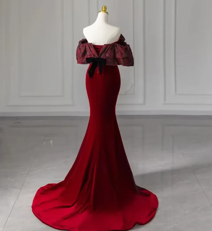 Charming Red Off Shoulder Velvet Mermaid Long Formal Party Dress MD7415