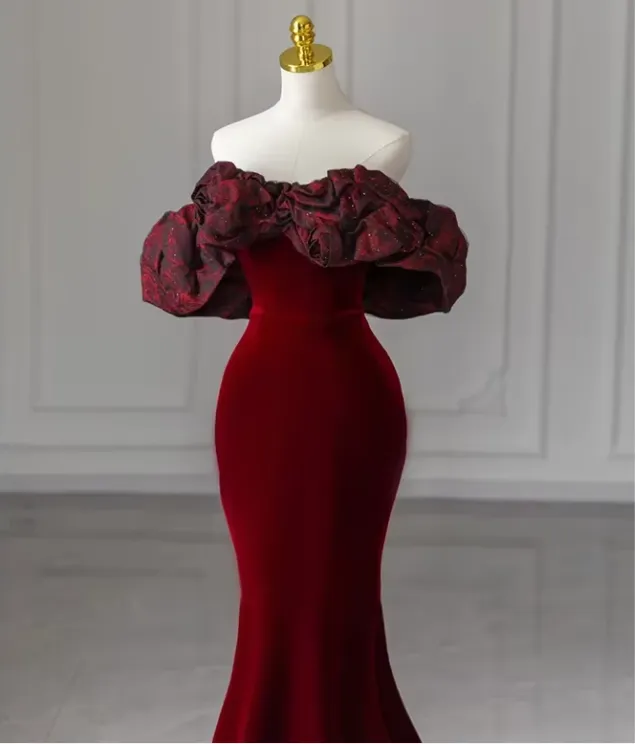 Charming Red Off Shoulder Velvet Mermaid Long Formal Party Dress MD7415
