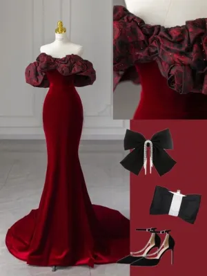 Charming Red Off Shoulder Velvet Mermaid Long Formal Party Dress MD7415