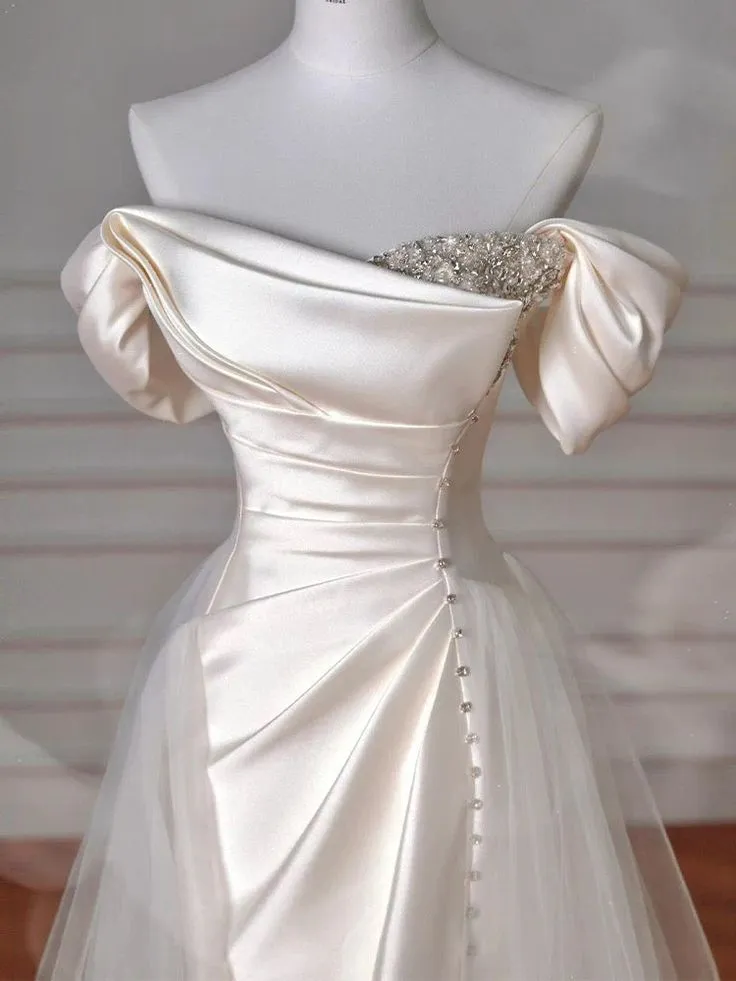 Elegant Off Shoulder Mermaid Satin Pretty Wedding Dress Prom Dress, D348
