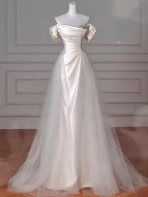 Elegant Off Shoulder Mermaid Satin Pretty Wedding Dress Prom Dress, D348