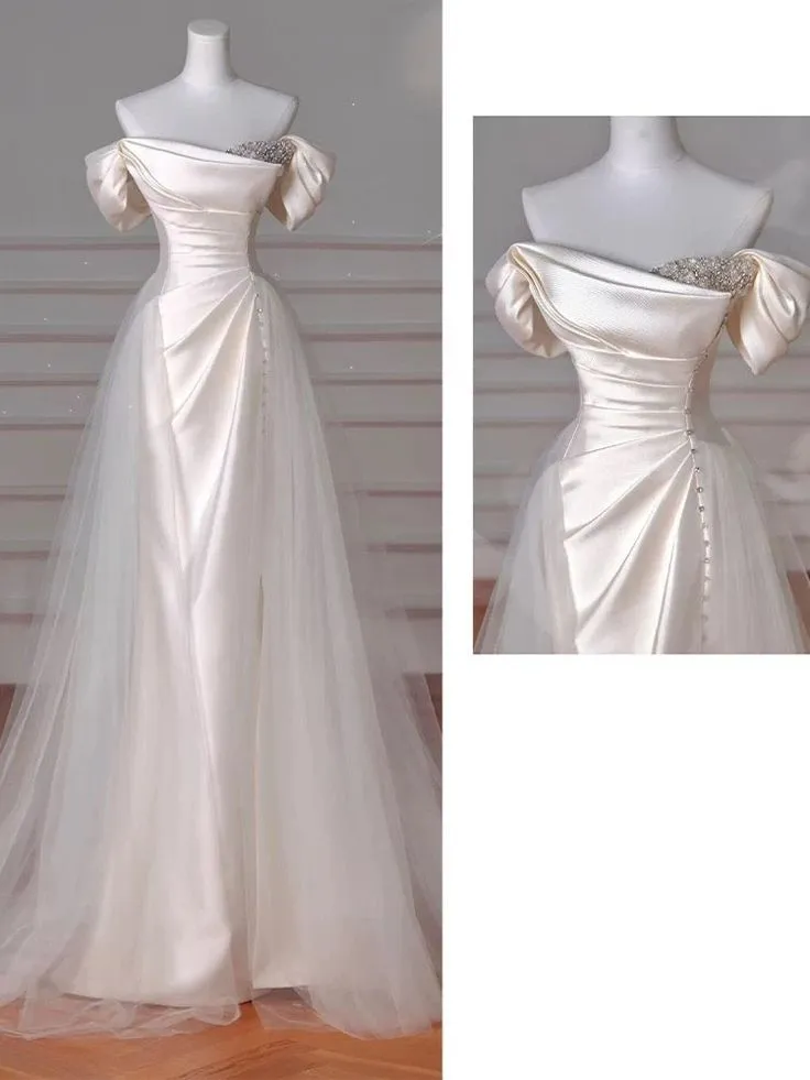 Elegant Off Shoulder Mermaid Satin Pretty Wedding Dress Prom Dress, D348