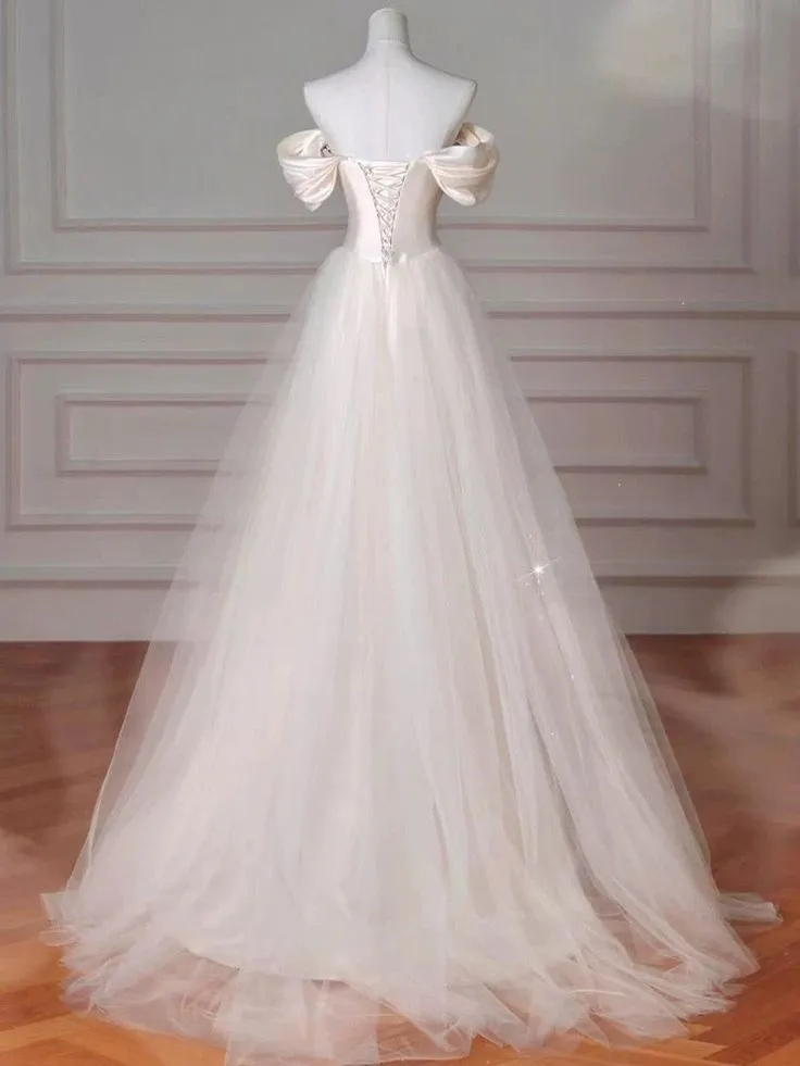 Elegant Off Shoulder Mermaid Satin Pretty Wedding Dress Prom Dress, D348