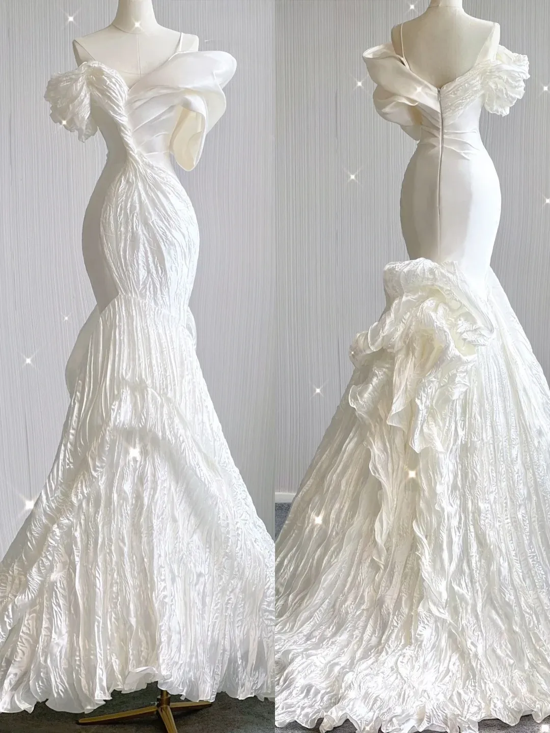 Elegant White Off Shoulder Mermaid Satin Long Party Dress Wedding Dress, D478