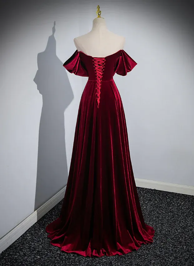 Elegant Wine Red Off Shoulder A-Line Velvet Long Prom Dress MD7345