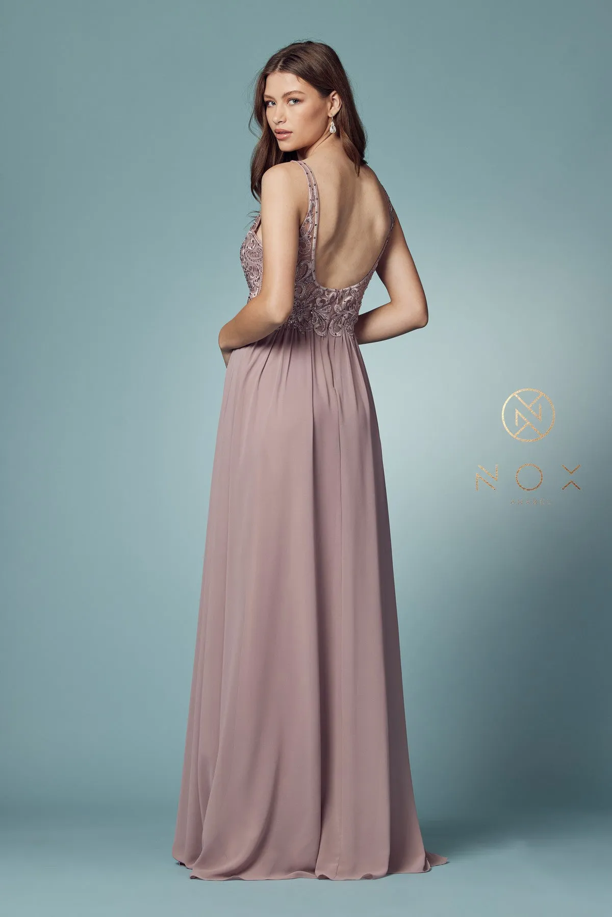 Embroidered Bodice Illusion V-Neck Side Slit Long Bridesmaid Dress NXY299