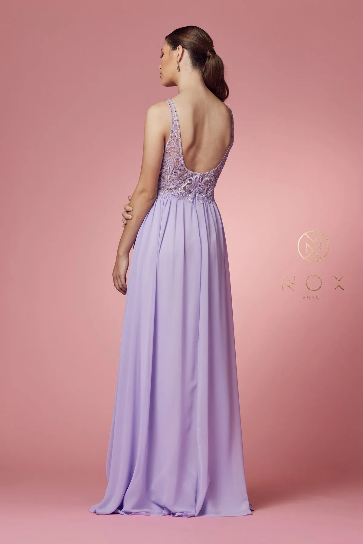 Embroidered Bodice Illusion V-Neck Side Slit Long Bridesmaid Dress NXY299