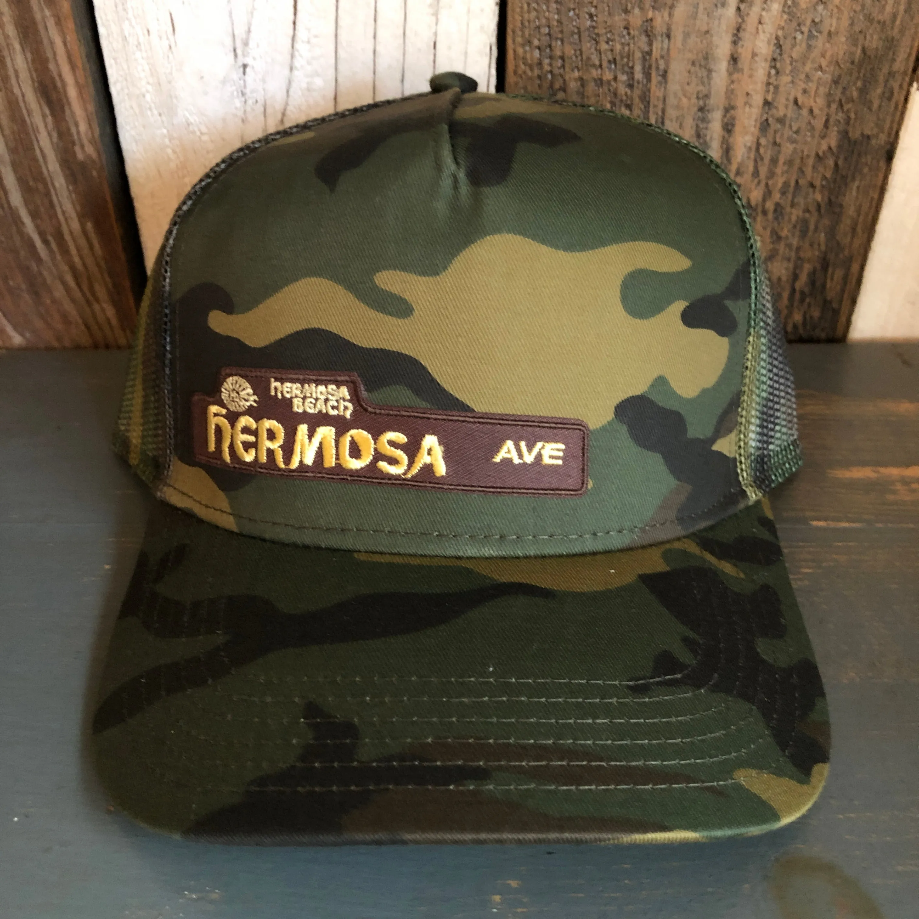 Hermosa Beach HERMOSA AVE Camouflage 5 Panel Mid Crown Mesh Back Snapback Trucker Hat - Dark Green/Brown