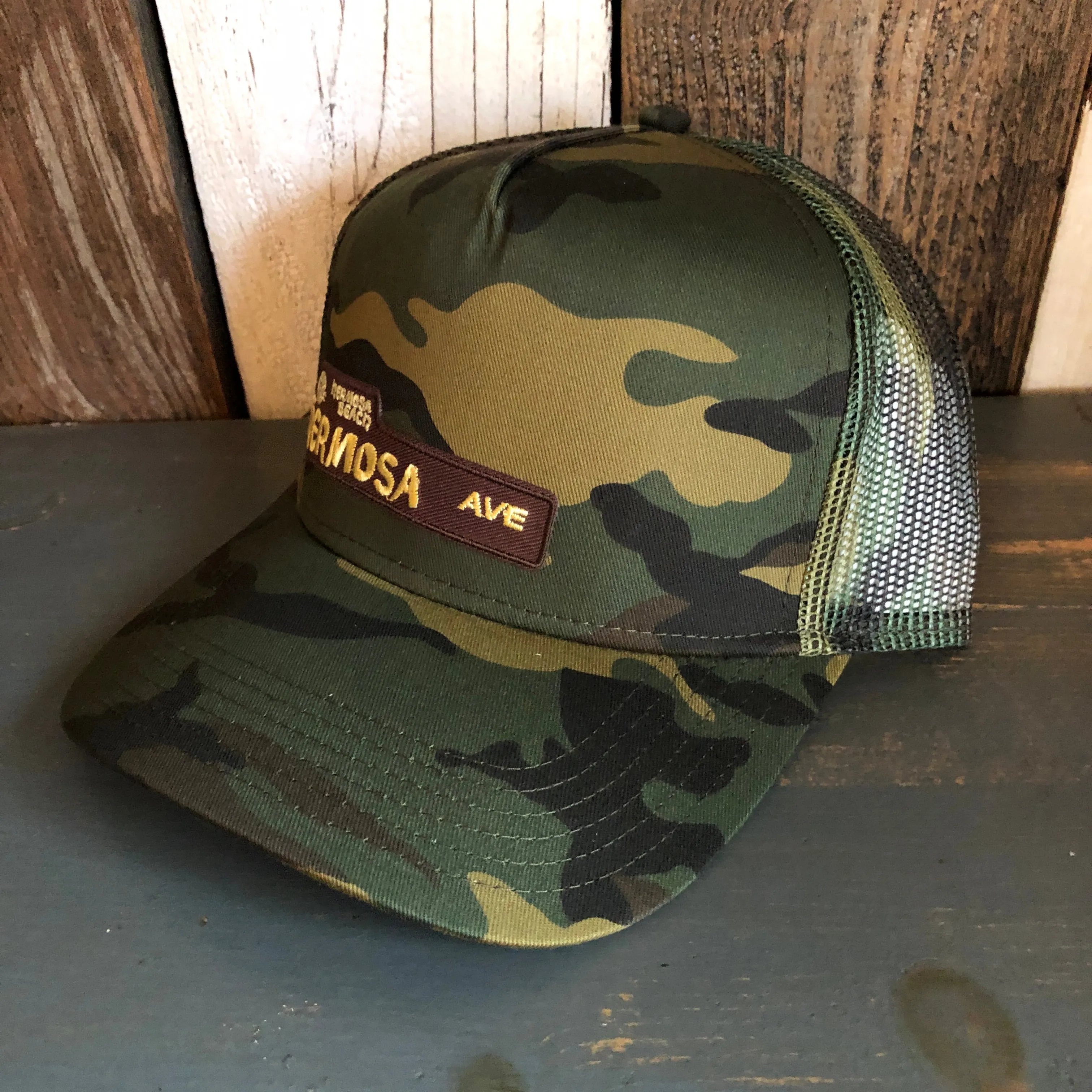Hermosa Beach HERMOSA AVE Camouflage 5 Panel Mid Crown Mesh Back Snapback Trucker Hat - Dark Green/Brown