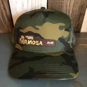 Hermosa Beach HERMOSA AVE Camouflage 5 Panel Mid Crown Mesh Back Snapback Trucker Hat - Dark Green/Brown