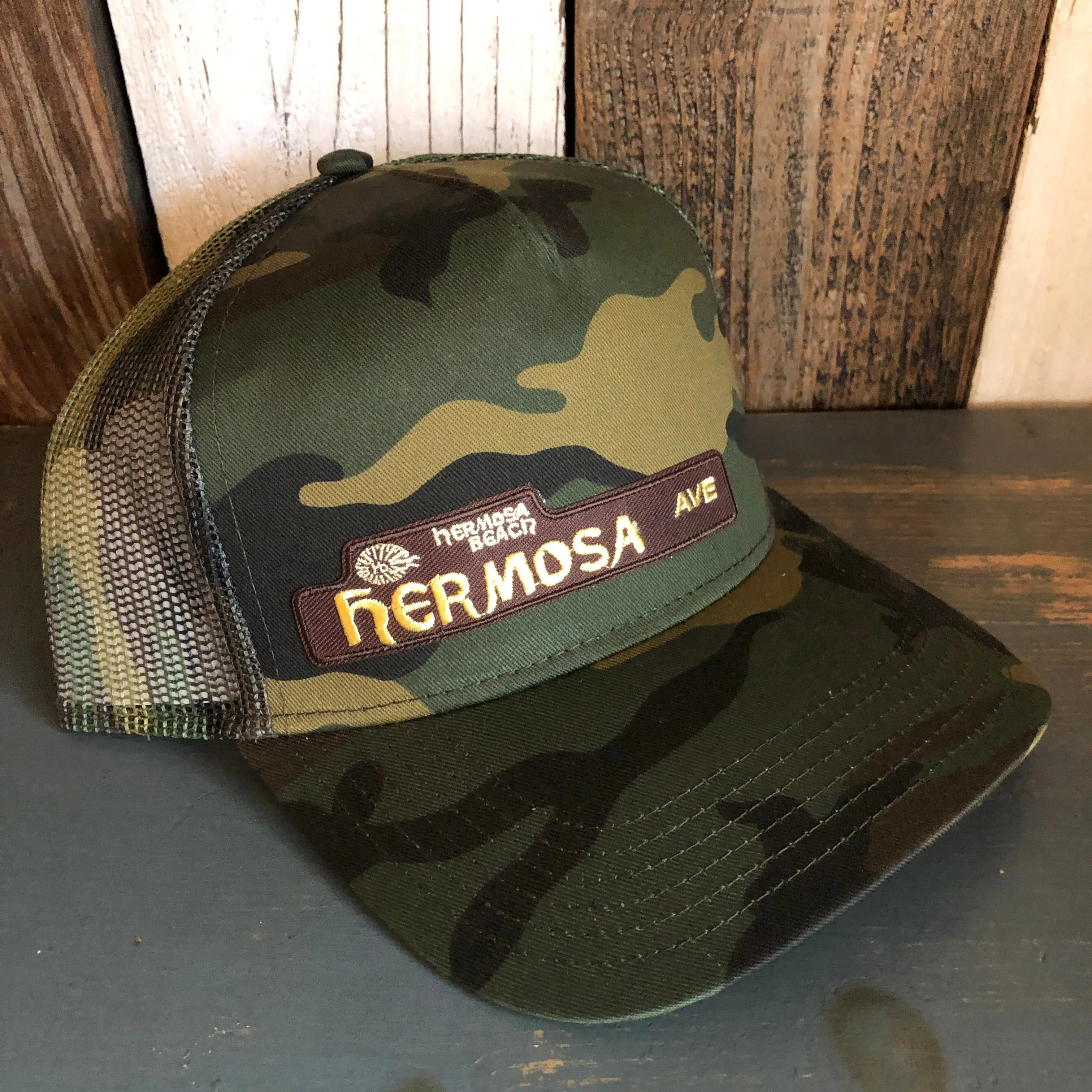 Hermosa Beach HERMOSA AVE Camouflage 5 Panel Mid Crown Mesh Back Snapback Trucker Hat - Dark Green/Brown
