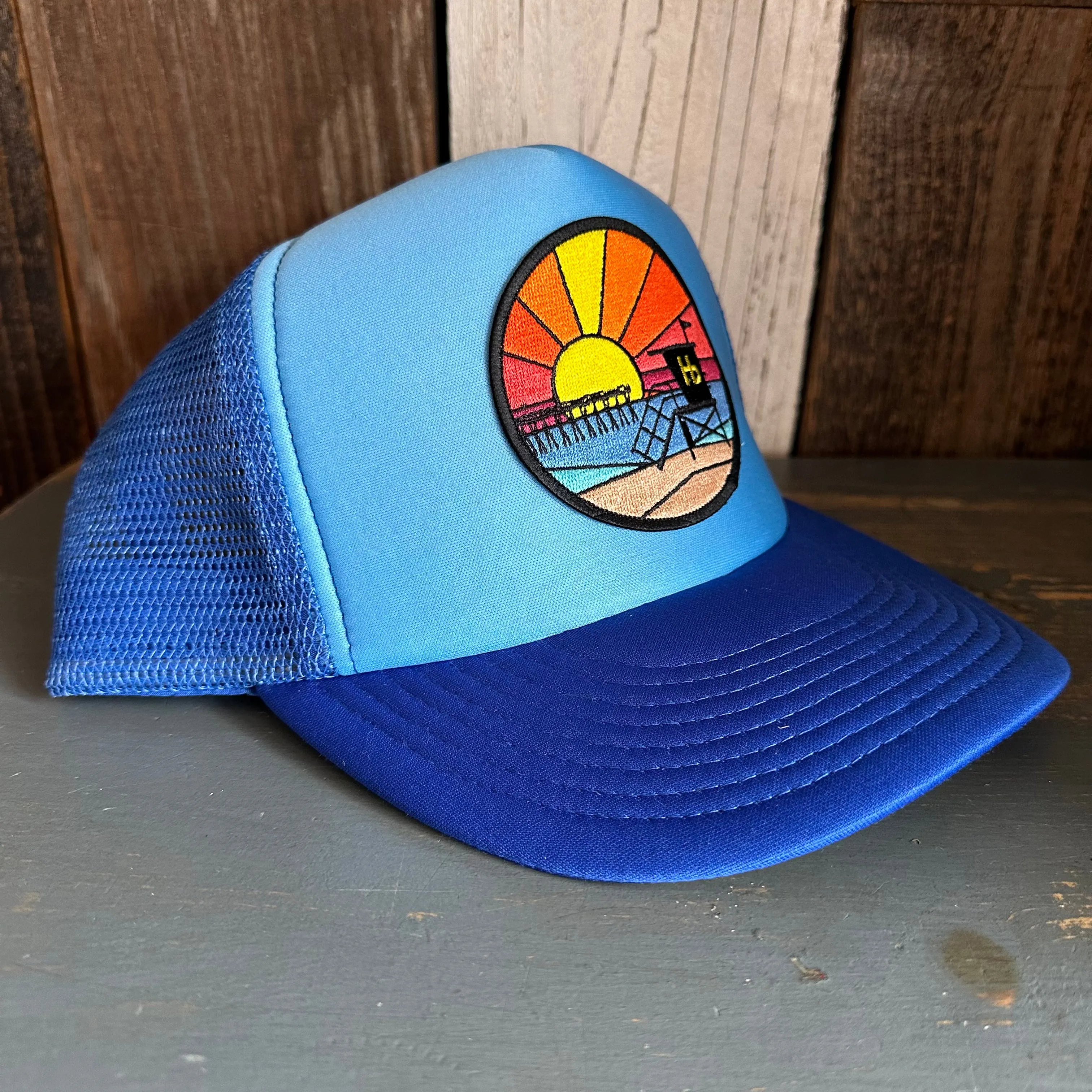 Hermosa Beach OBLIGATORY SUNSET High Crown 5 Panel Trucker Cap, Foam/Mesh - Columbia Blue/Royal