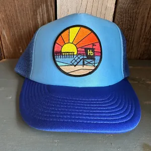 Hermosa Beach OBLIGATORY SUNSET High Crown 5 Panel Trucker Cap, Foam/Mesh - Columbia Blue/Royal