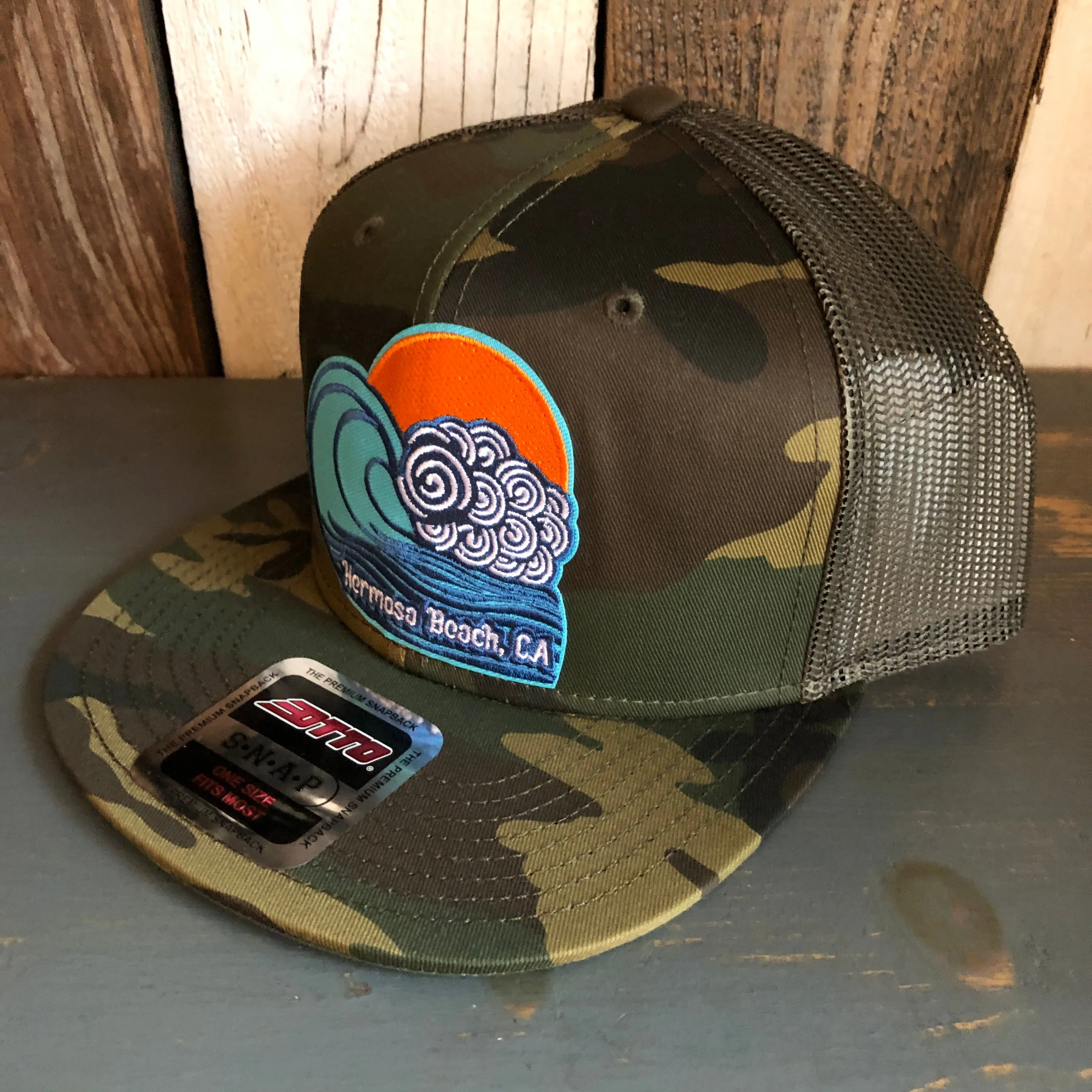 Hermosa Beach TUBULAR Camouflage 6 Panel Mid Crown Mesh Back Snapback Trucker Hat - Dark Green/Brown