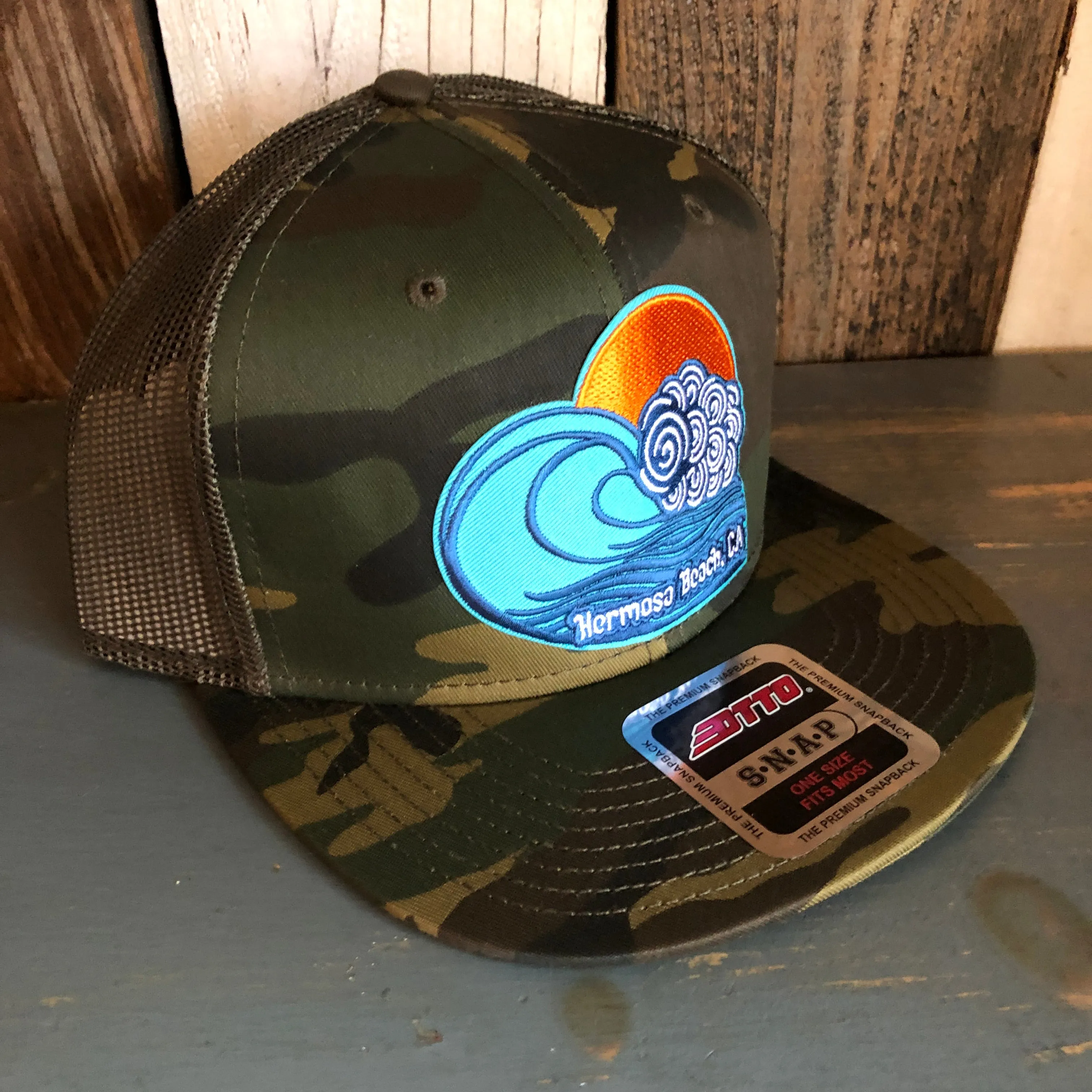 Hermosa Beach TUBULAR Camouflage 6 Panel Mid Crown Mesh Back Snapback Trucker Hat - Dark Green/Brown