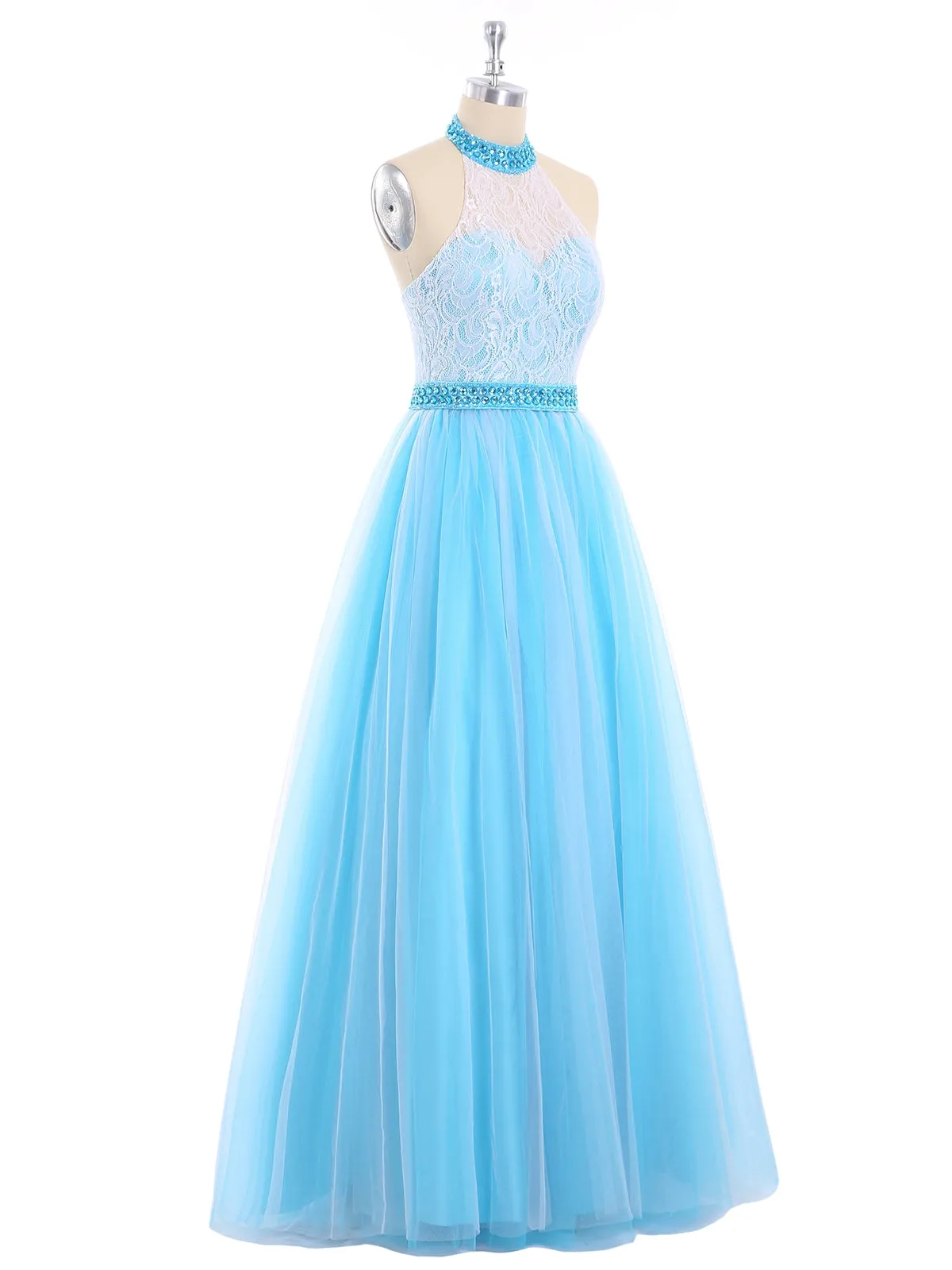 Illusion High Neck Lace and Tulle Dress-Silver