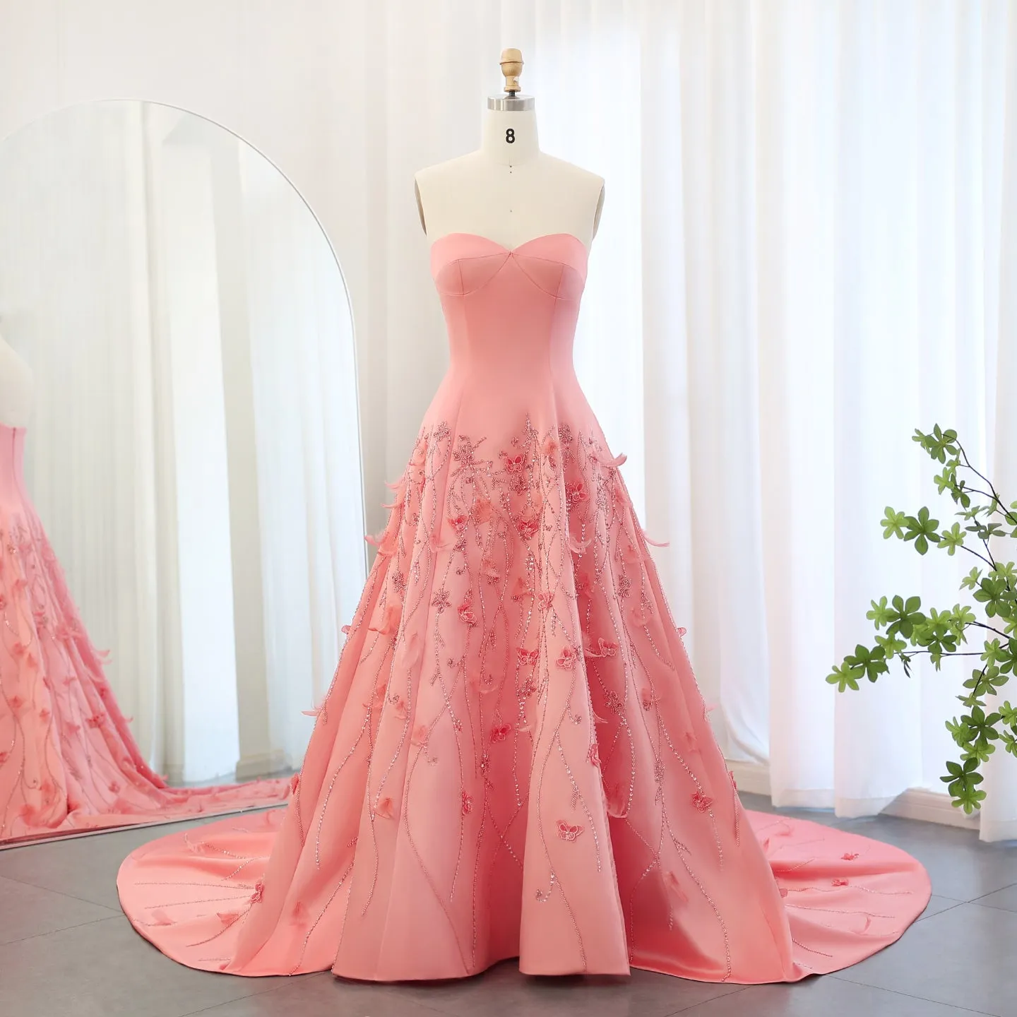 Luxury 3D Flowers Feathers Coral Pink Evening Dress SS470