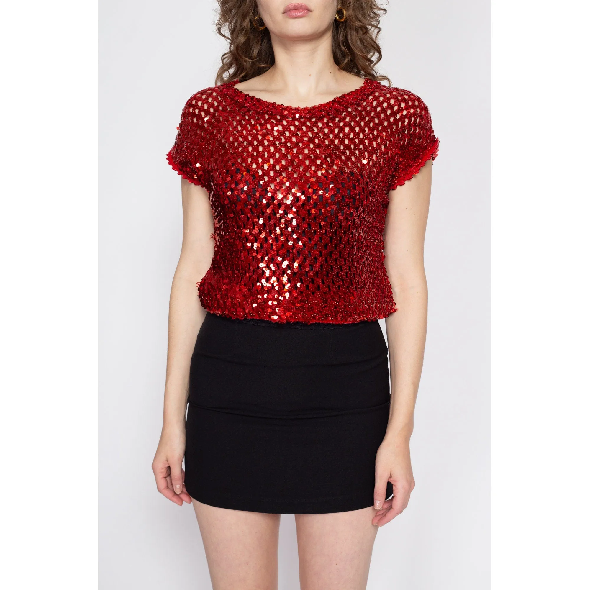 Medium 70s Red Sequin Disco Crop Top