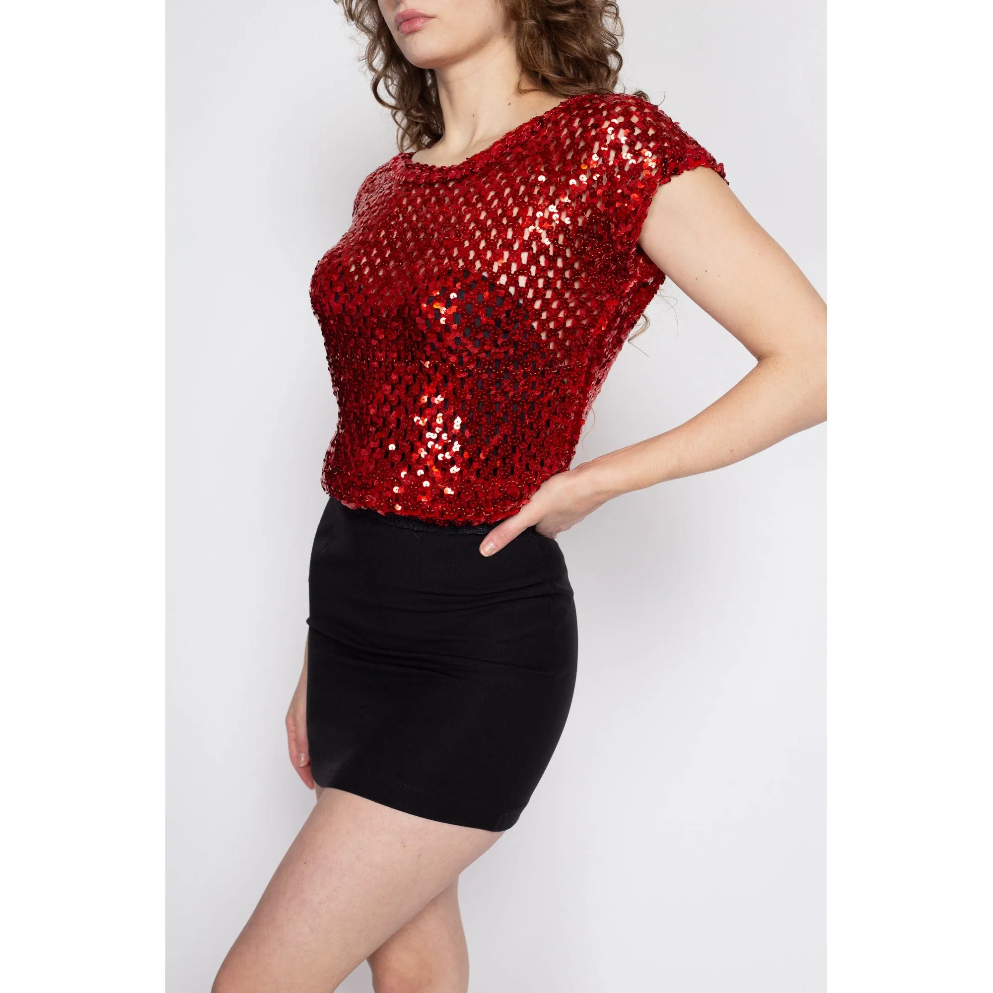 Medium 70s Red Sequin Disco Crop Top