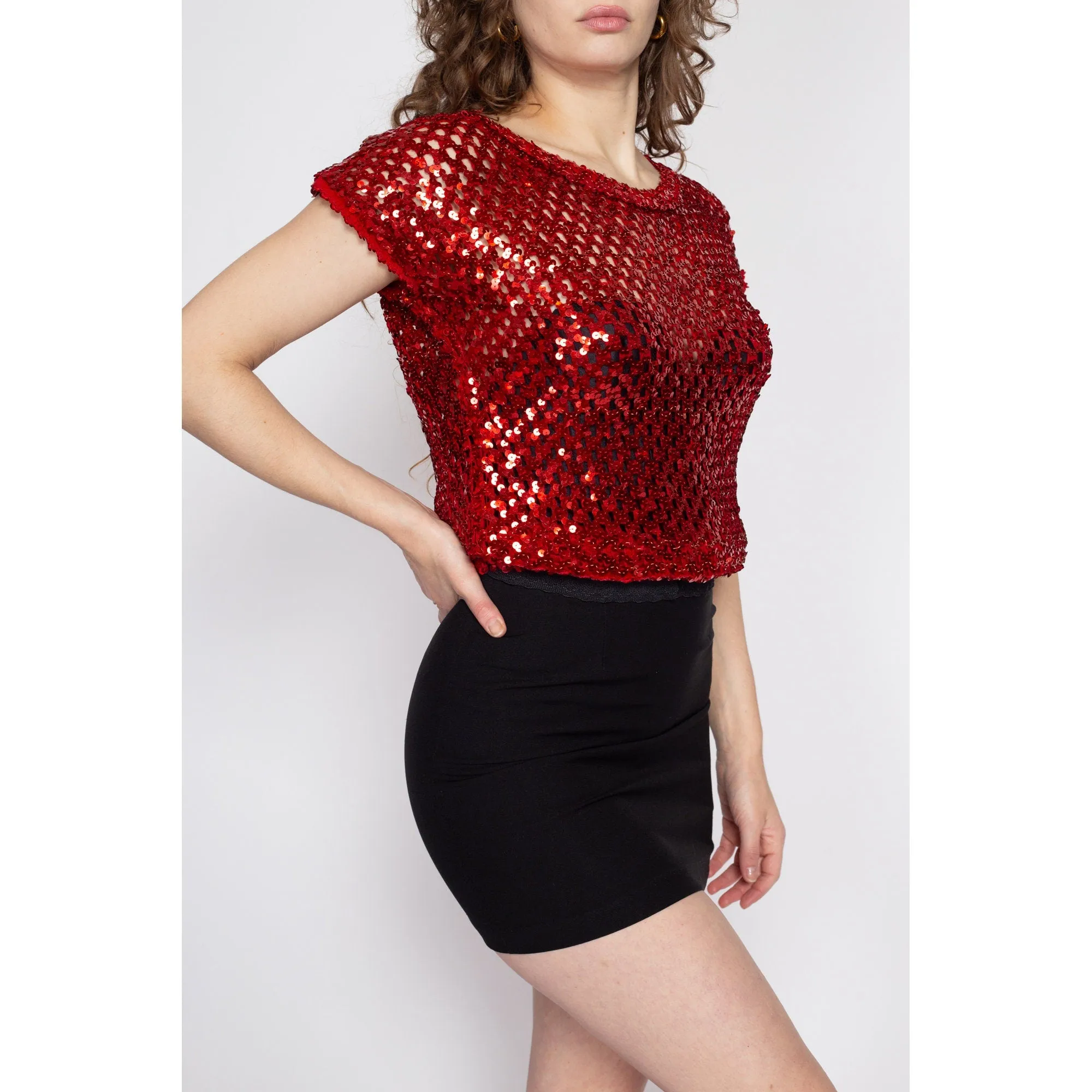 Medium 70s Red Sequin Disco Crop Top