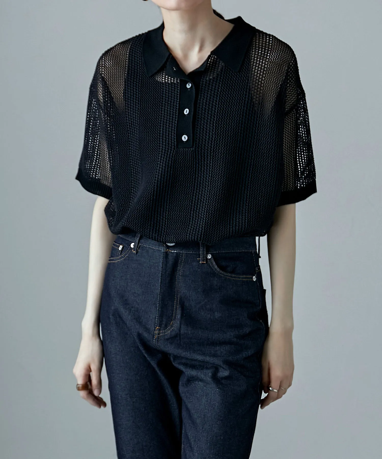 Mesh knit polo pullover