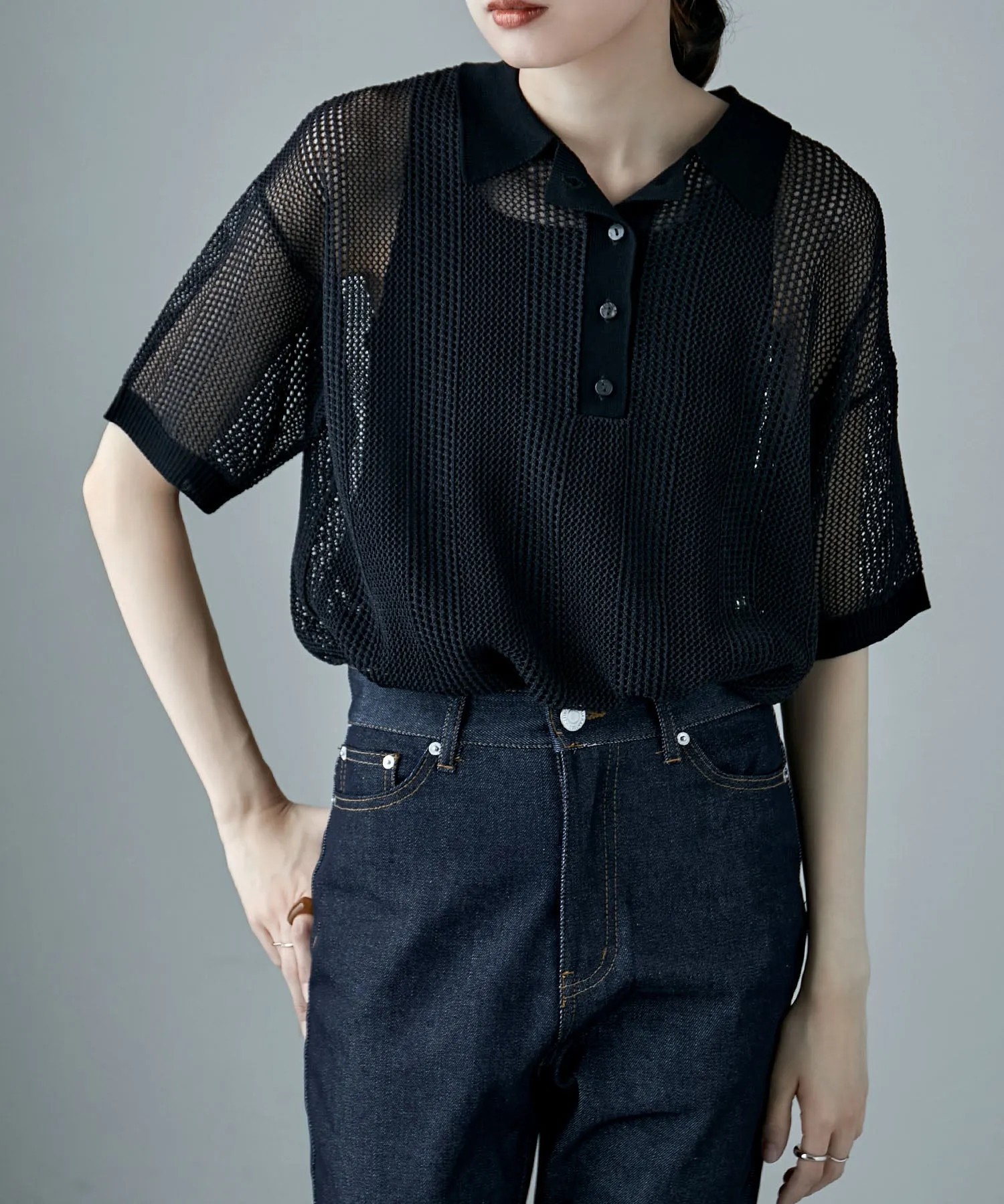 Mesh knit polo pullover