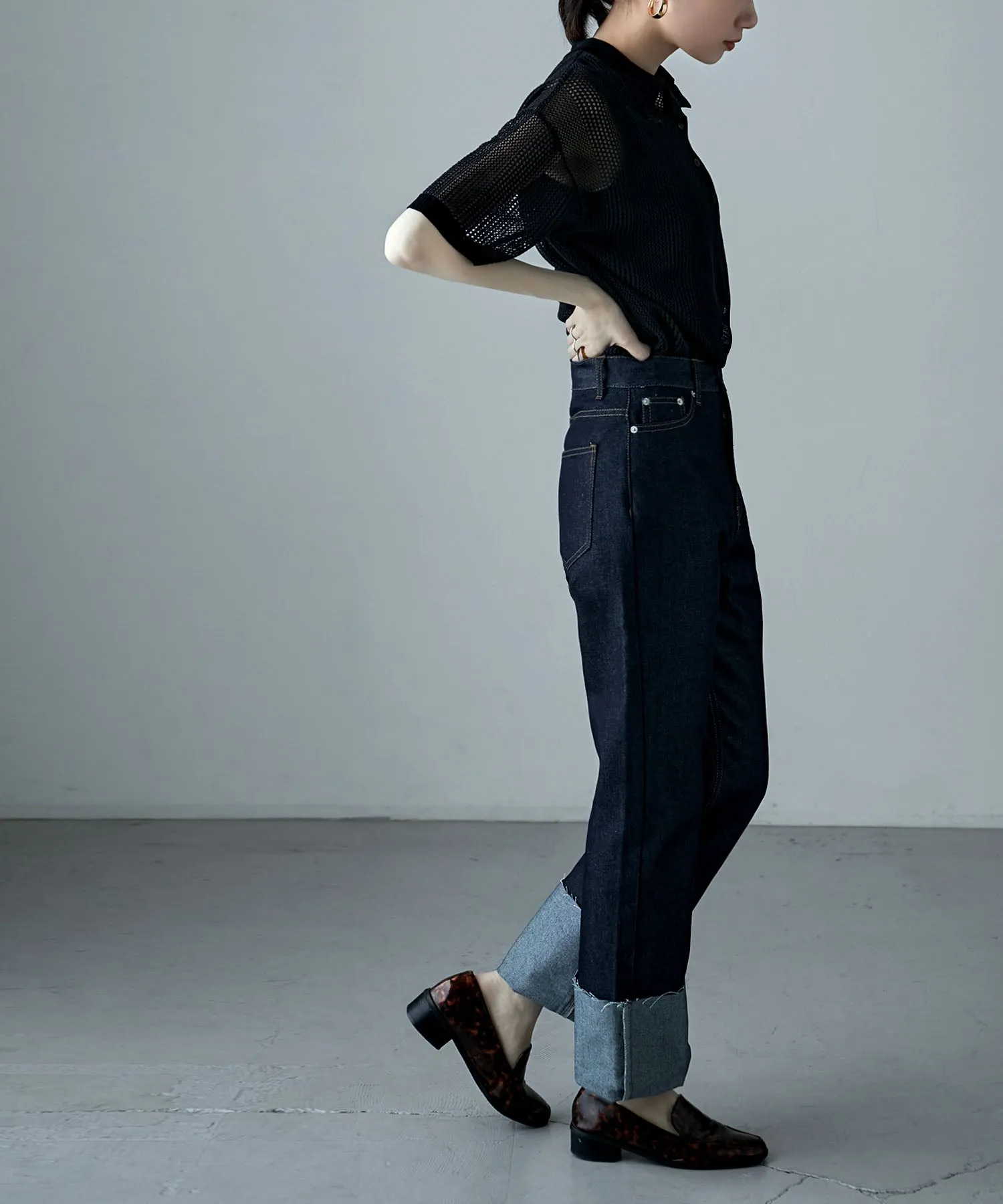 Mesh knit polo pullover