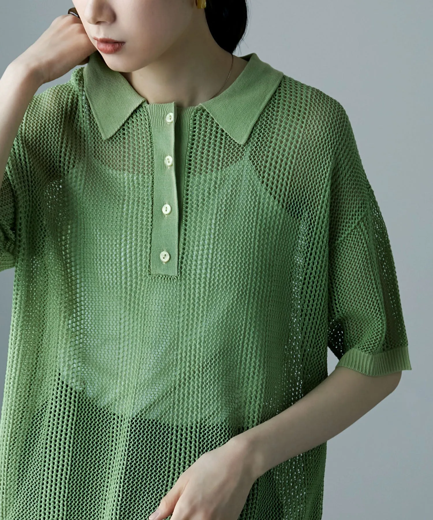 Mesh knit polo pullover