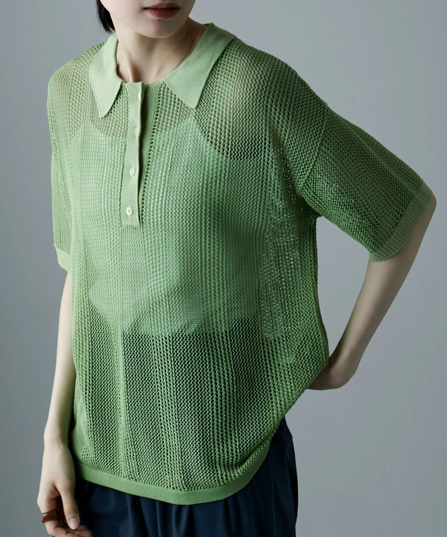 Mesh knit polo pullover