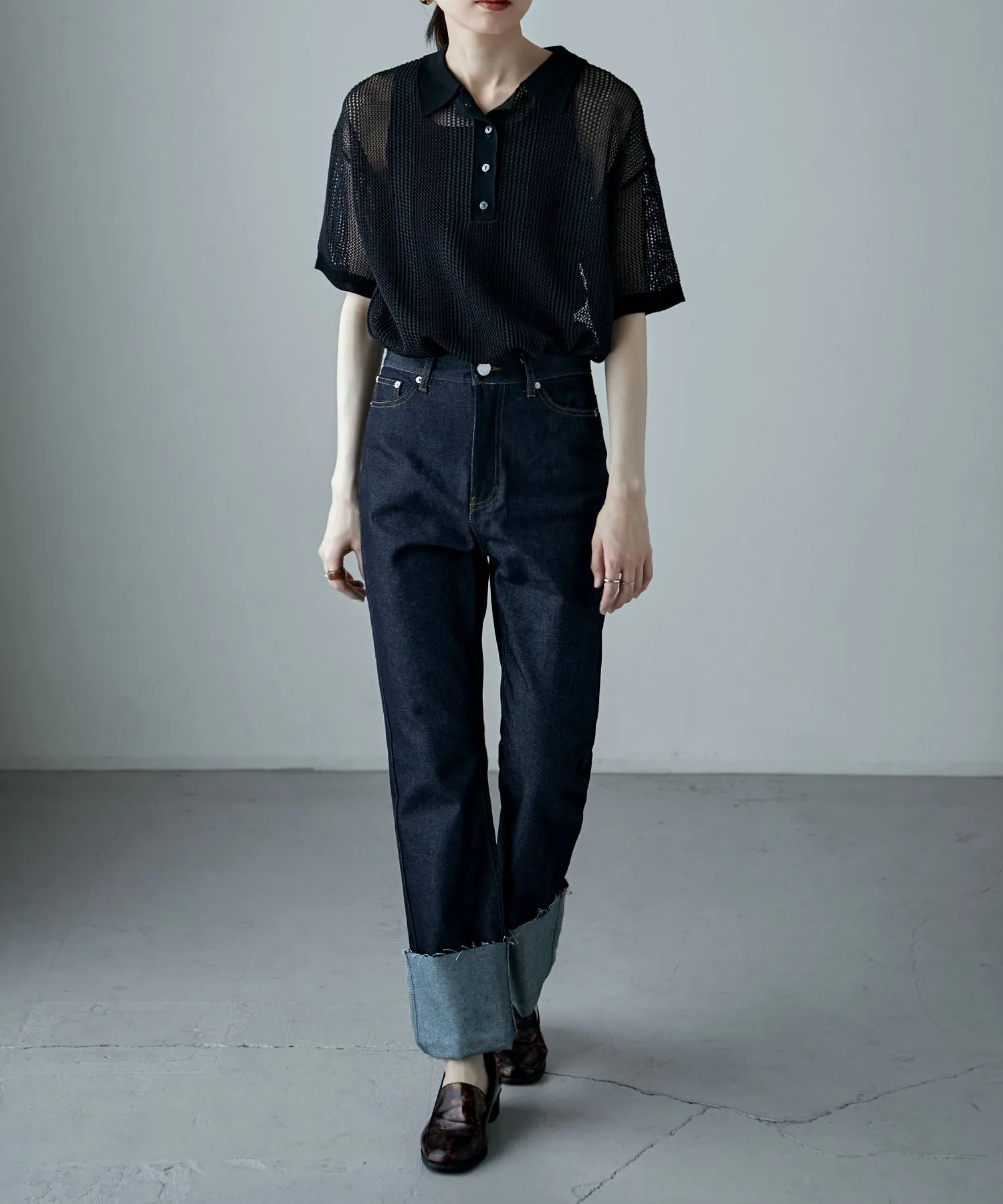 Mesh knit polo pullover